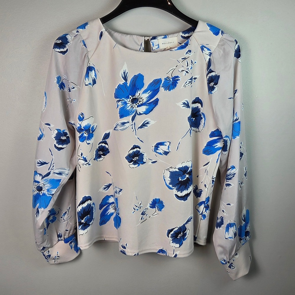 Melloday Floral Blouse Womens Medium Tan Blue Excellent Puff Sleeve CET212018-VR